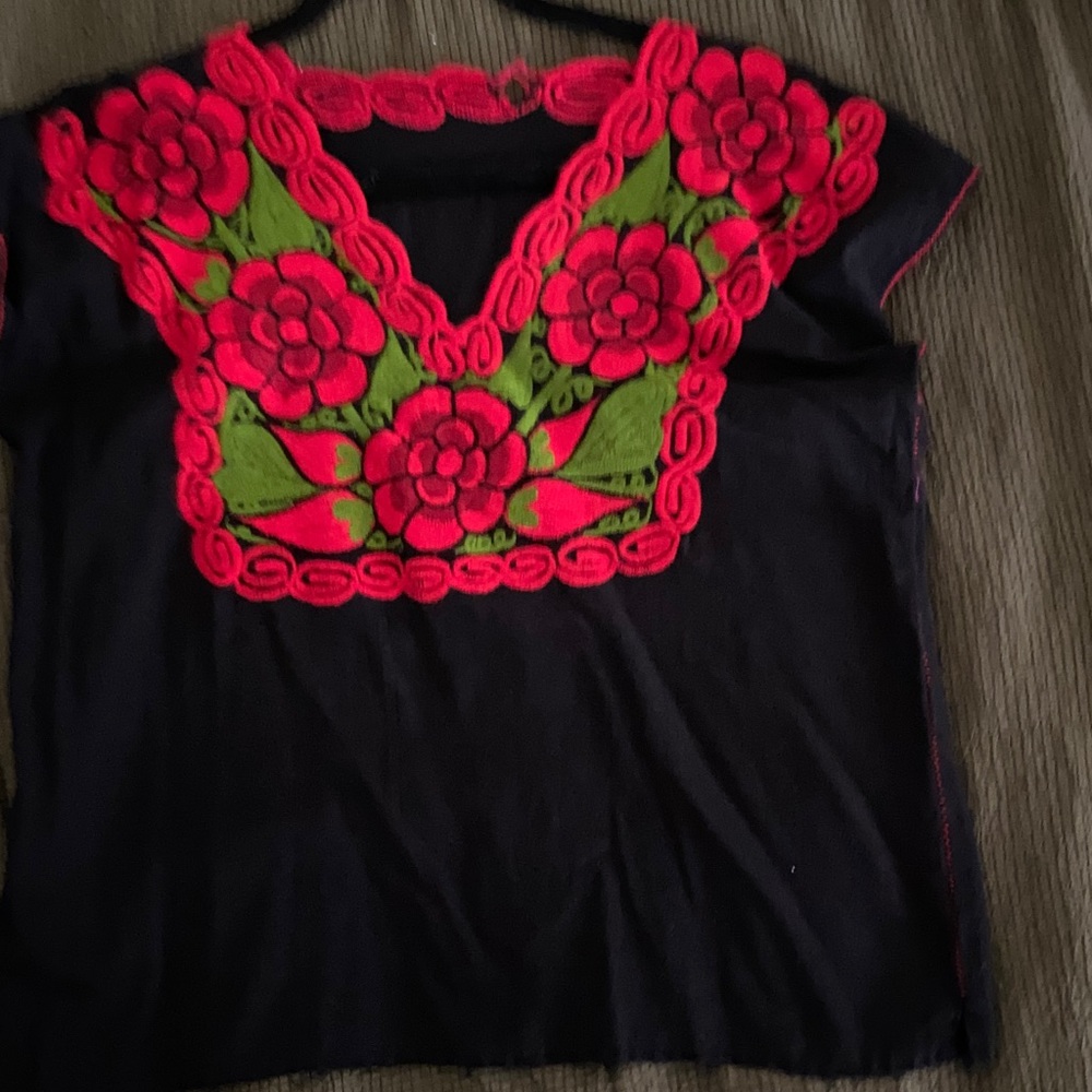 Black Top with Red Floral Embroidery